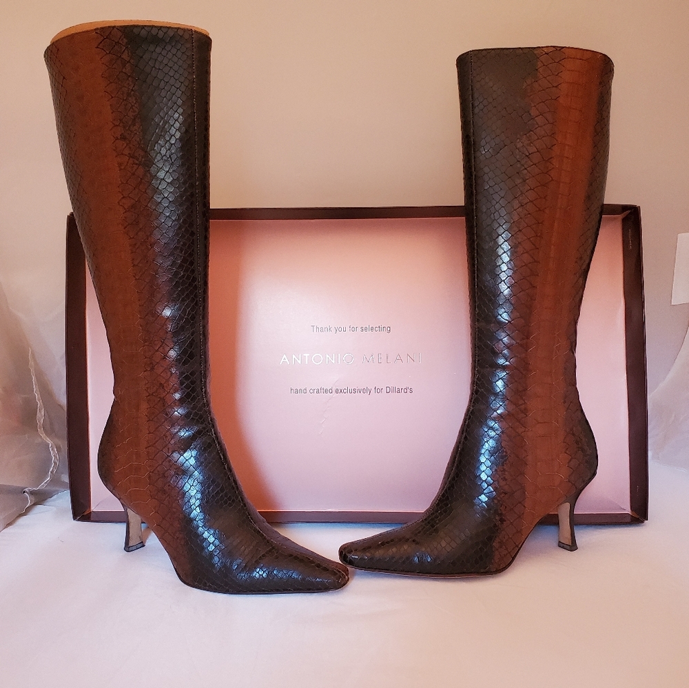 ANTONIO MELANI Brown Snakeskin Knee-High Stiletto Boots